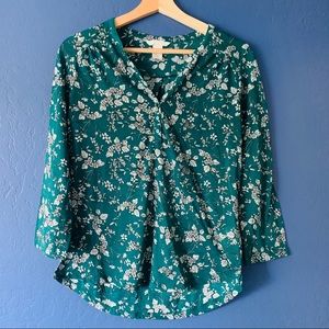 H&M Boho Green Floral 3/4 Sleeved High Low Blouse XS